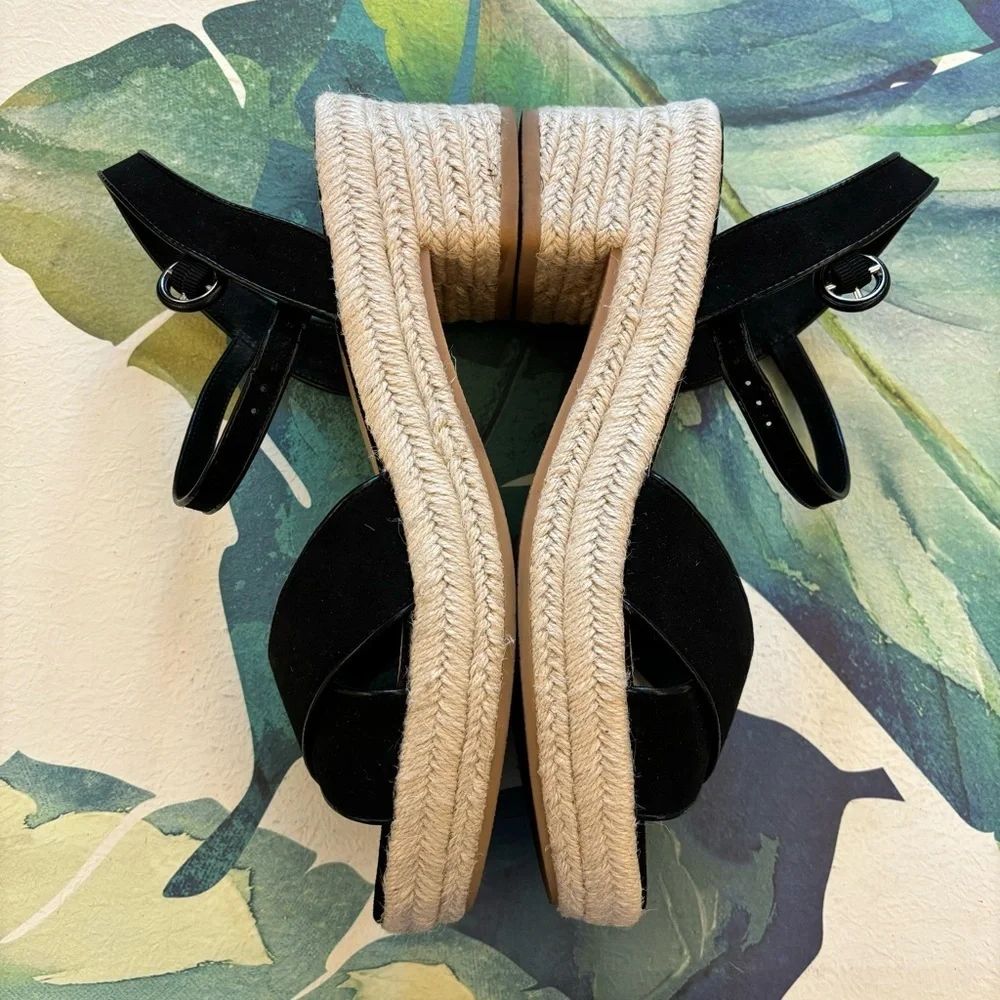 J. CREW Heeled Platform Espadrilles Black Size 11 Faux Suede